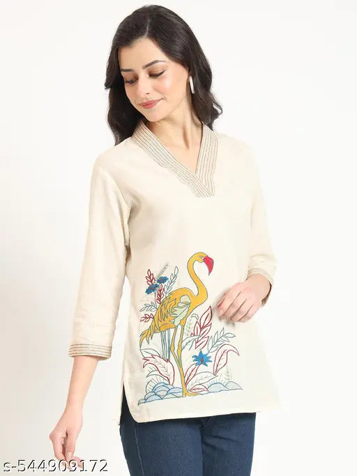 Divena Off White Cotton V-Neck Embroidery Top