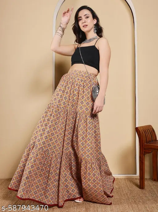 FIORRA Women's Mustard Yellow Printed Cotton Flared Skirt