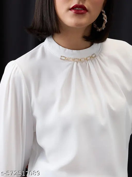 Globus Women White Gold Chain Detail High Neck Cuffed Sleeves Pleated Workwear Top