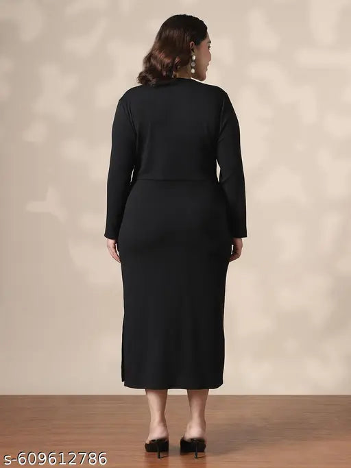 Globus Gloplus Women Black Square Neck Full Sleeves Belted Side Slit Plus Size Midi Bodycon Dress