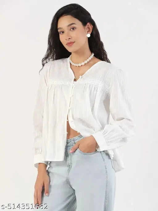 SHOWOFF Women's Self Design V-Neck White Shirt Style Top
