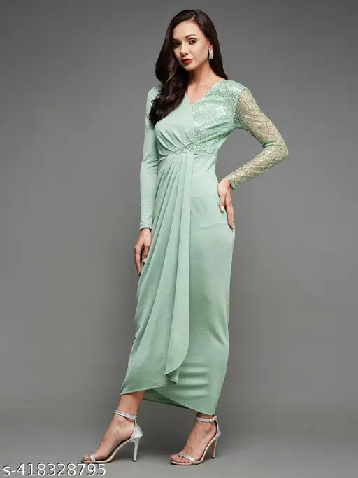 Miss Chase Women's Mint Embellished V-Neck Full Sleeve Polyester Pleated Slim Fit Longline Dress