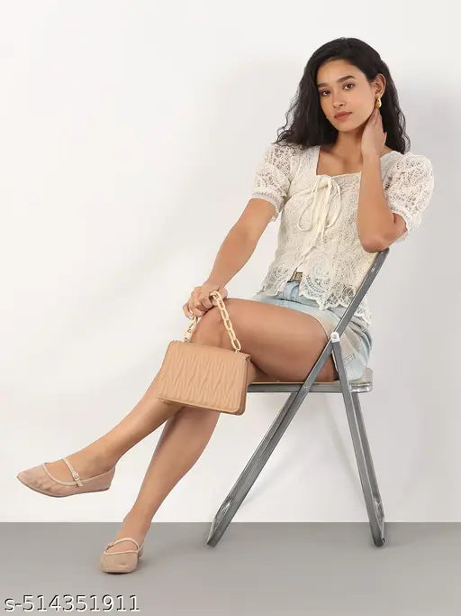 SHOWOFF Women's Solid Square Neck Beige Top