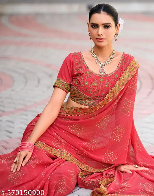 Georgette Pink & Orange Saree with Silk Blouse
