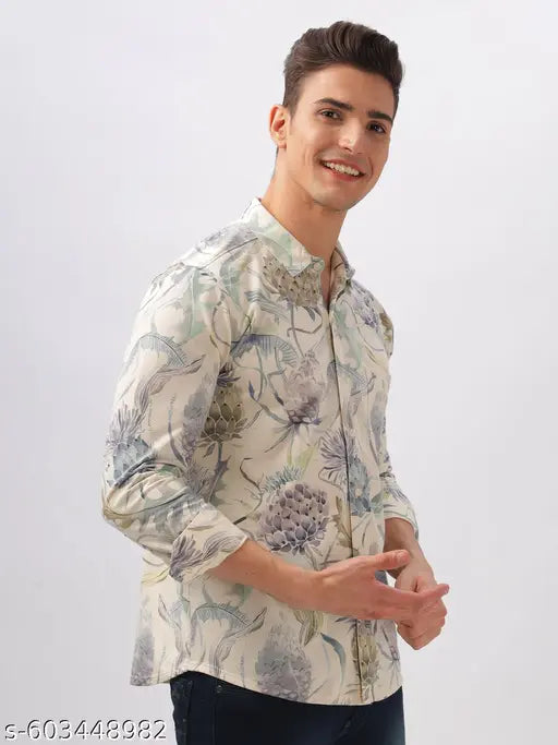 BULLMER Trendy Cream Regular Fit Printed Causal Full sleeve Plus Size Shirt ForMen | Men’s Shirts in Plus Sizes only