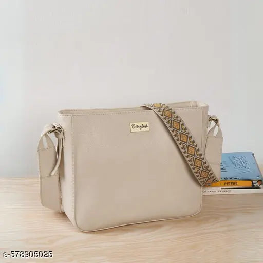 Berrylush Women Solid Beige Synthetic Leather Detachable Strap Embellished Sling Bag