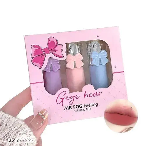 GEGE BEAR Liquid Lipstick | Korean-Style Glossy Lipstick for Girls | Nuo Nuo Cherry Red Tint | Moisturizing Velvet Liquid Lipstick | Cute Bow Packaging