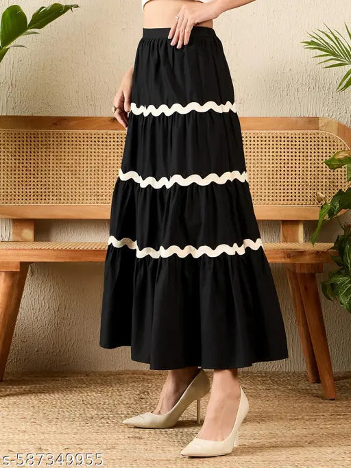 Honky Tonky Black Flared Crepe Maxi Skirt with Tiered Lace Design