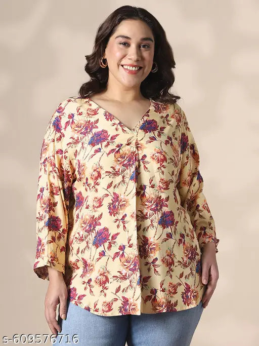 Globus Gloplus Women Cream V-Neck Floral Print Curved Hem Plus Size Top