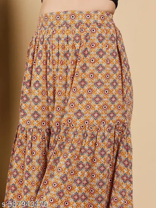 FIORRA Women's Mustard Yellow Printed Cotton Flared Skirt