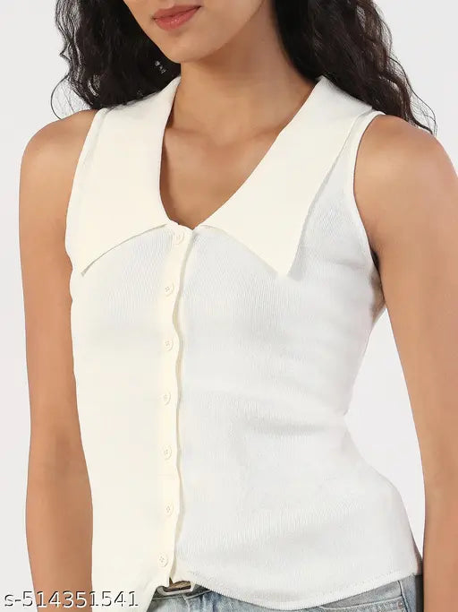 SHOWOFF Women's Solid Shirt Collar Cream Fitted Top