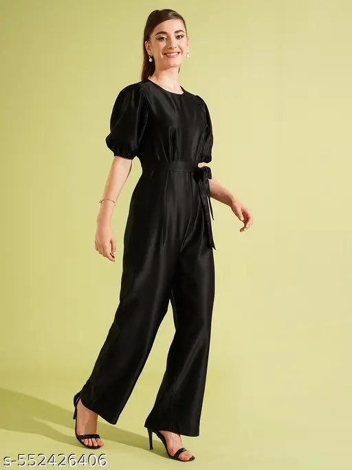 Globus Women Black Satin Round Neck Puff Sleeve Waist Tie-Up Long Party Jumpsuit