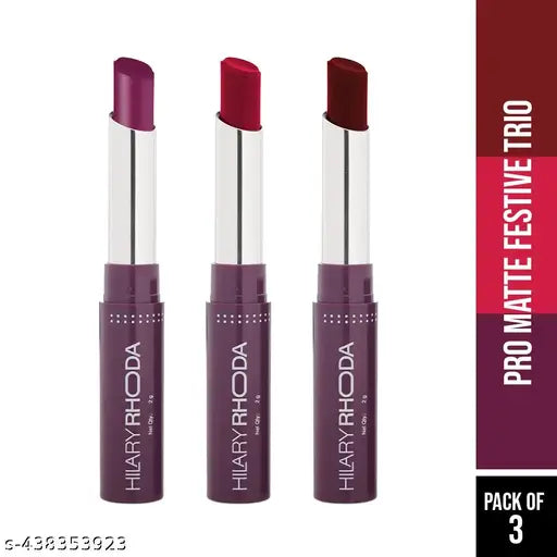 Hilary Rhoda Pro Matte Non-Transfer | 12-Hour Long Stay | Smudge-Proof Lipstick | Highly Pigmented & Intense Matte Finish Lipstick | 2g (Pro Matte Festive Trio)
