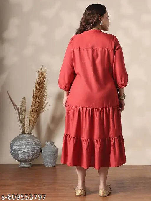 Globus Gloplus Women Red Mandarin Collar Bishop Sleeves Floral Embroidered Tiered Midi A-Line Shirt Dress