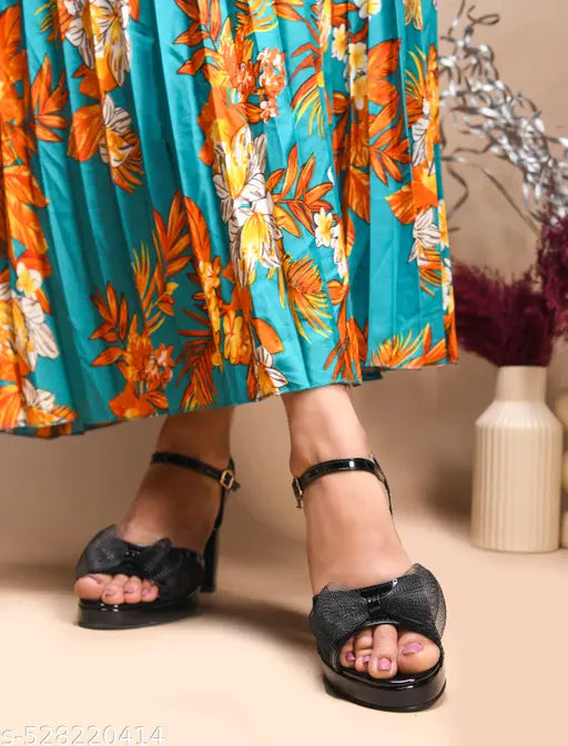 JM Looks Women's Chunky Block Heels with Mesh Bow Stylish For Partywear evening events, and formal occasions - Black