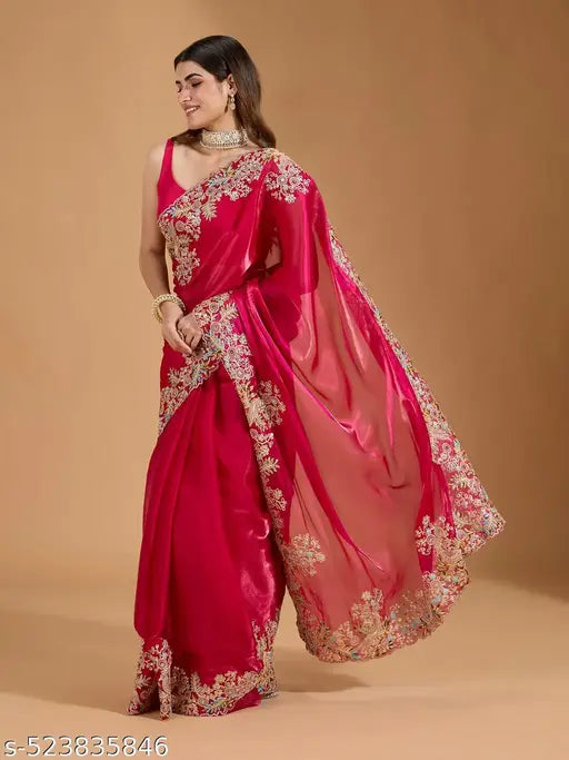 Women's Jimmi Choo Embroidery Work Saree With Unstitched Blouse Piece