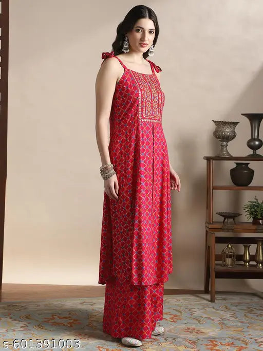 Globus Women Pink Coin Detail Tie-Up Shoulder Straps Embroidered Yoke Ethnic Foil Print Front Slit A-Line Kurta & Palazzos Festive Set