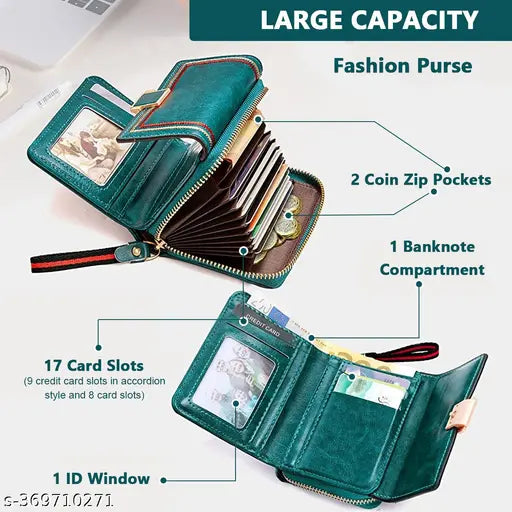 Women Wallet Bi-fold Leather Wallet for Women Turquoise Vintage Women Wallet Card Bag Large Capacity Safe Wallet with RFID Blocking Wallet