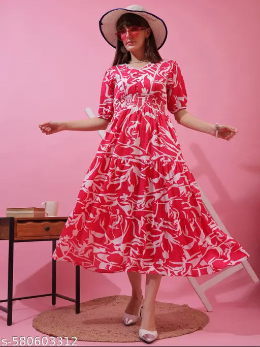 Honky Tonky Pink & White Abstract Printed Fit & Flare Midi Dress