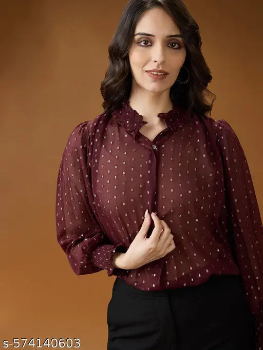 Globus Women Frilled Neck Bishop Sleeves Lurex Detail Georgette Shirt Top