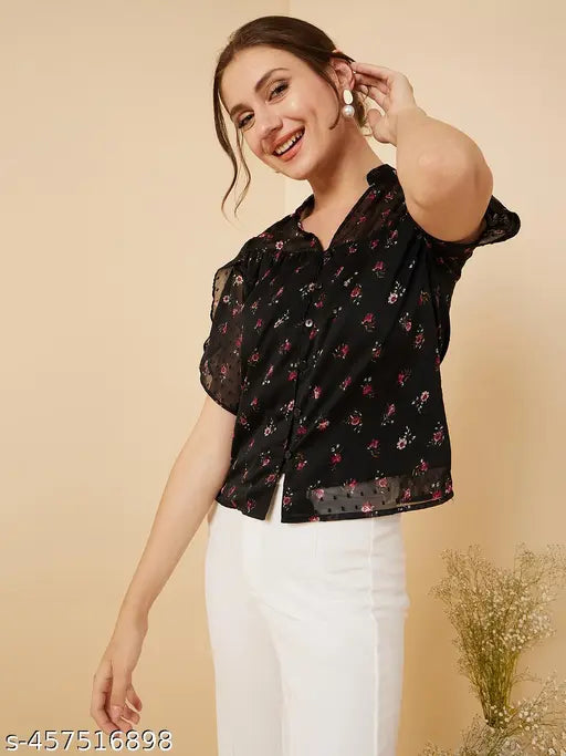 Rare Women Casual Black Colour V-Neck Floral Regular Top