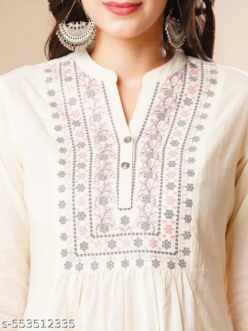 Globus Women Off-White Embroidered Yoke Straight Kurta & Pant Set