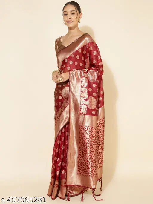 Janasya Women's Maroon Organza Woven Ethnic Motifs Saree with Unstitched Blouse Piece