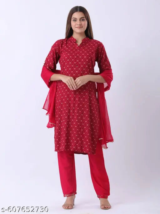 Women's Red Printed Kurta Set with Dupatta | Cotton Blend Straight Kurta & Pants for Daily Wear, Office & Festive