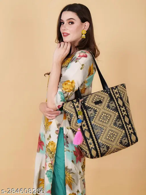 Cotton Blend Thread Work Top Handle Stylish Tote Bag for Women and Girls |  Indian loom classic jacquard fabric for women | Women Geometric Pattern Tote Bag