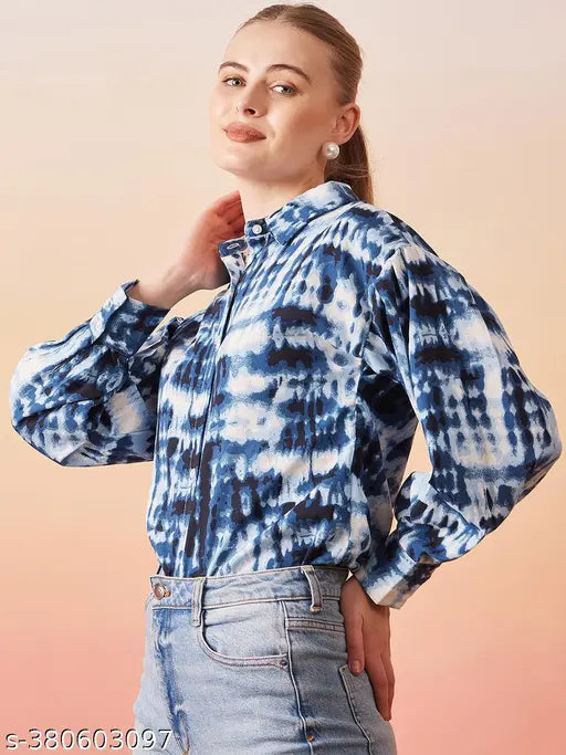 Rare Women Casual Blue Regular Fit Printed Puff Sleeves Spread Collar Shirt