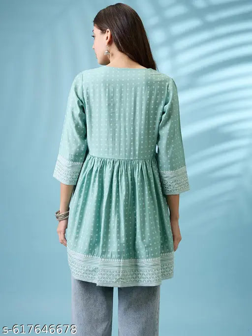 Globus Women Green Ethnic Print V-Neck Sequinned Detail Gathered Tunic