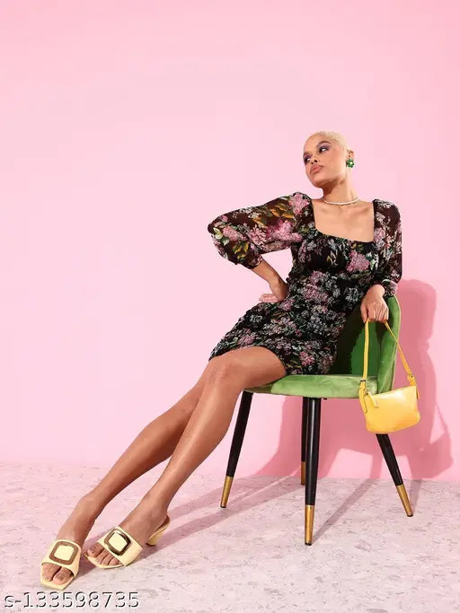 Women Stunning Black Floral Bustier Dress