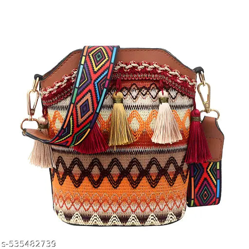 SYGA Sling Bag For Women's Pu Material With Bucket Type, Crossbody Ethnic  Bag  (Yellow Brown)