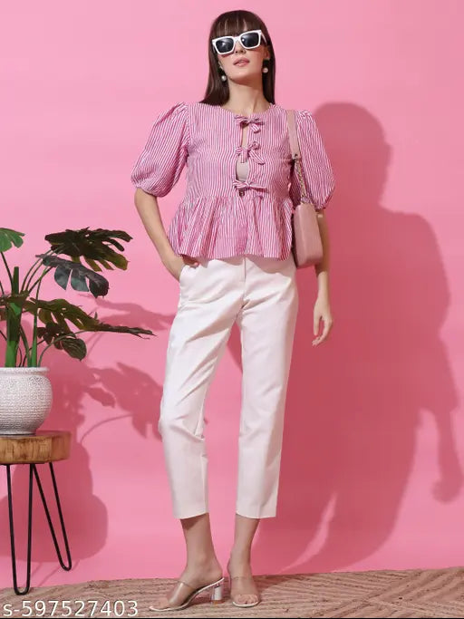 Honky Tonky Women’s Pink & White Striped Peplum Top with Front Tie-Up Bows and Puff Sleeves