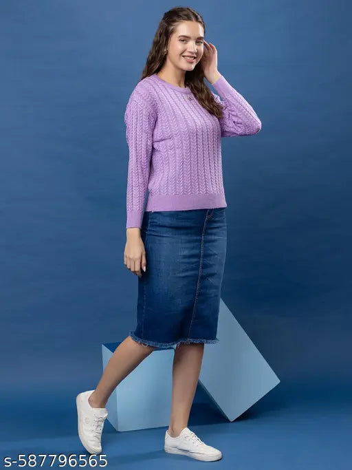 Wear lusso Women's Round Neck Stylish Winter Cable Design Pullover Sweater