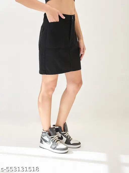 Globus Women Black Cotton Mid Rise Pocket Deatil Mini Denim Skirt