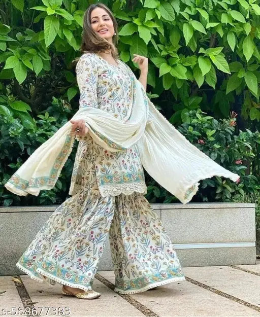 Womens Rayon Printed Short Kurti Sharara with Dupatta Set | Kurta Sets| Kurti Pant Set