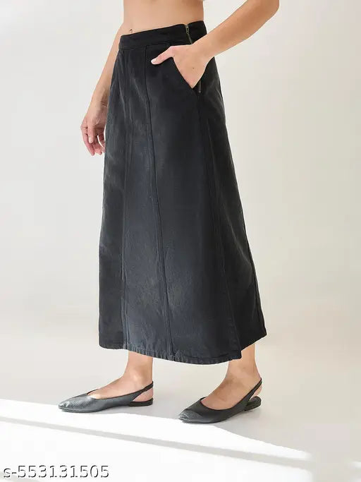 Globus Women Black Mid Rise Panelled A-Line Midi Denim Skirt