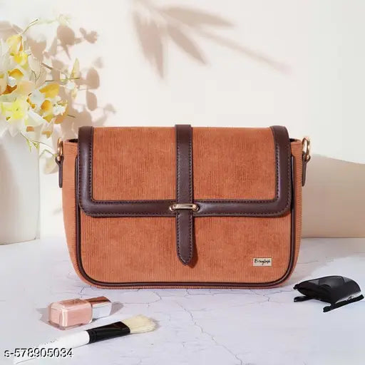 Berrylush Women Solid Brown Fabric Button-Up Detachable Strap Embellished Regular Sling Bag