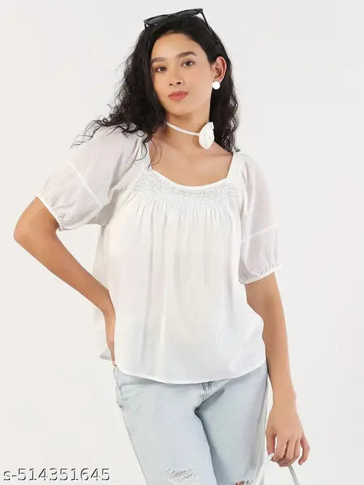 SHOWOFF Women's Solid Square Neck White Top with Flower Bow