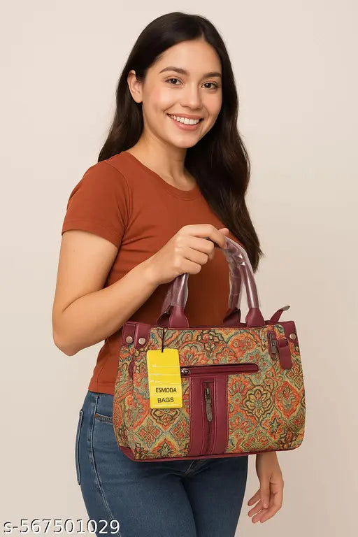 Printed Jute Handcrafted Vegan Leather Multicolor Women's Satchel Bag | Ladies Purse Handbag | Double Handle Detachable Strap