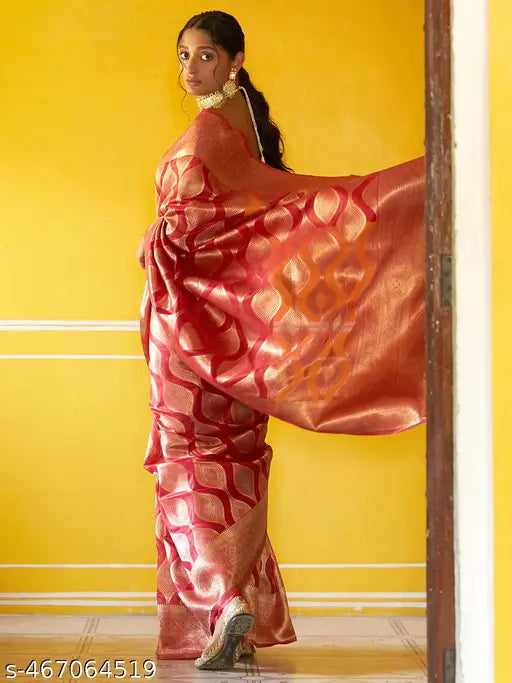 Janasya Women's Red Organza Woven Ethnic Motifs Saree with Unstitched Blouse Piece