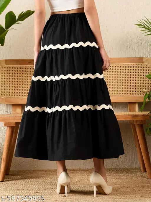 Honky Tonky Black Flared Crepe Maxi Skirt with Tiered Lace Design