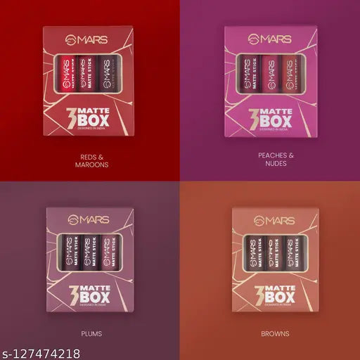 MARS Matte Lipstick Box Pack of 12 (Peache Nude Browns Red Maroon Plums, 76.8 g)