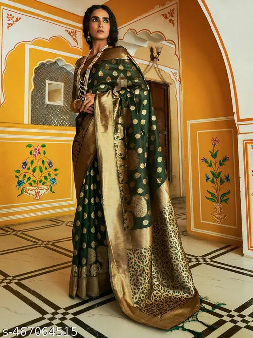 Janasya Women's Dark Green Organza Woven Ethnic Motifs Saree with Unstitched Blouse Piece