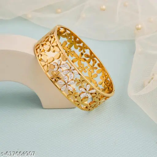 ✨ Designer Floral Cutwork Gold-Plated Bracelet | Elegant AD Stone Studded Kada for Women | Party & Ethnic Wear Jewellery ✨
