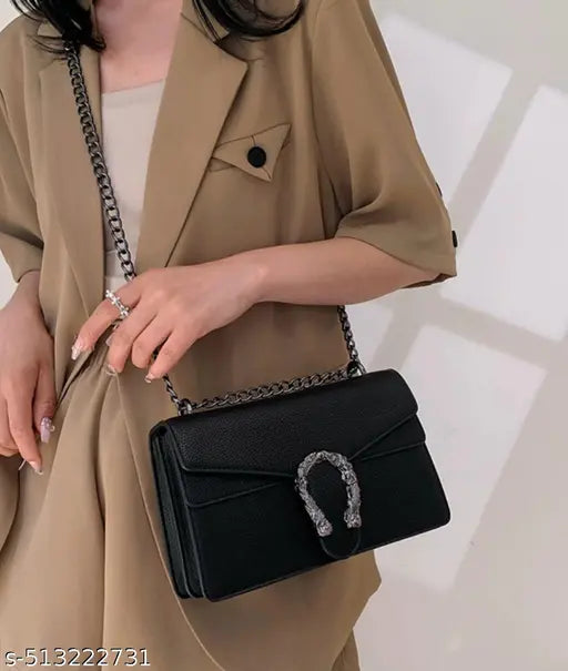 Black Front Lock Decor Chunky Chain Flap Slingbag Or Crossbody Bag For Women/Girls