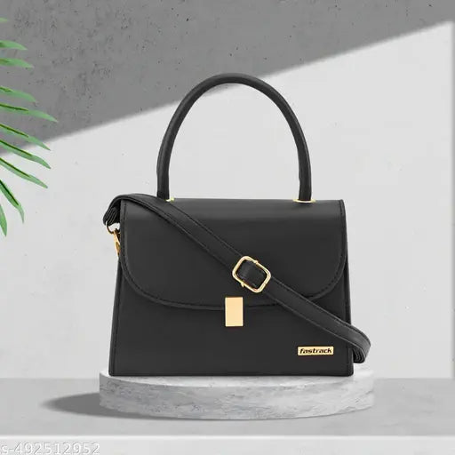 Fastrack Black Solid PU Structured Handheld Bag For Women with Detachable Sling Strap with Button closure