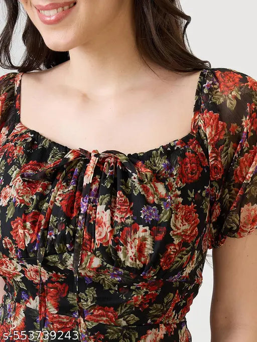 Globus Women Black Allover Floral Printed Tie-Up Square Neck Puff Sleeves Side Slit Fit & Flare Midi Dress