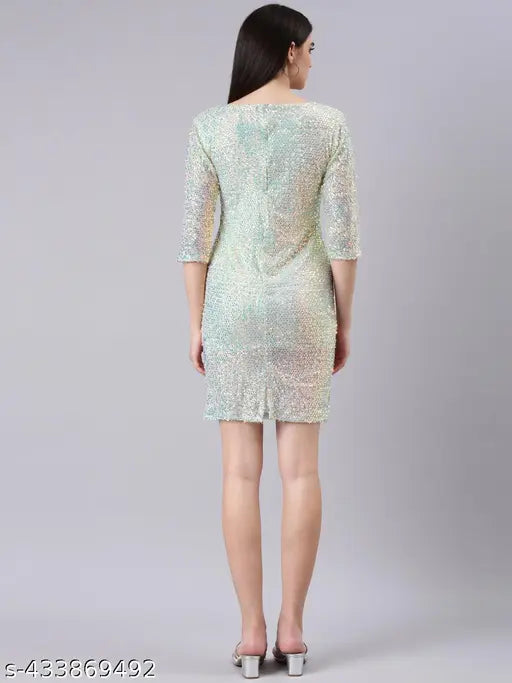 SHOWOFF Women's Bodycon Round Neck Green Embellished Dress